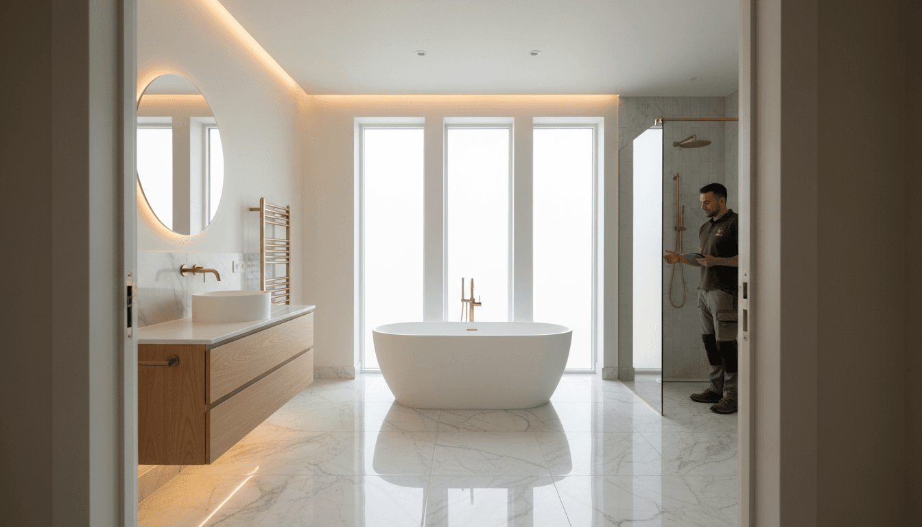 Luxurious completed modern bathroom featuring freestanding tub, marble floors, and natural light from large windows