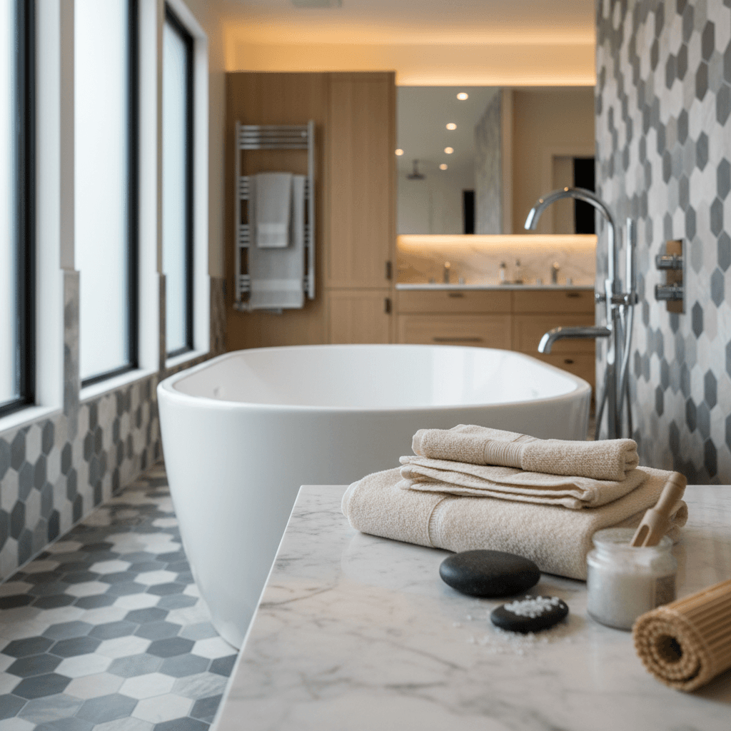 Spa-style bathroom with luxury soaking tub and premium tile finishes