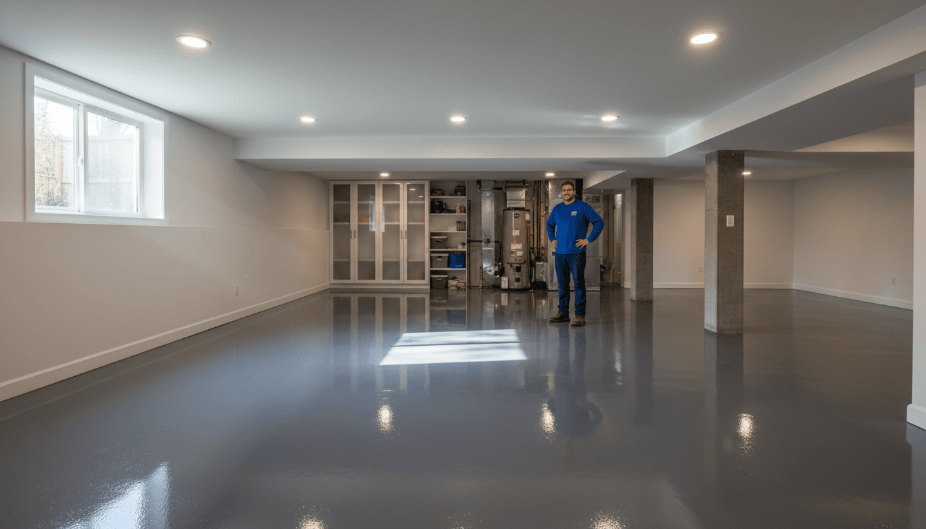 Bright finished basement with glossy epoxy floor, white walls, LED lighting, and homeowner examining the completed space