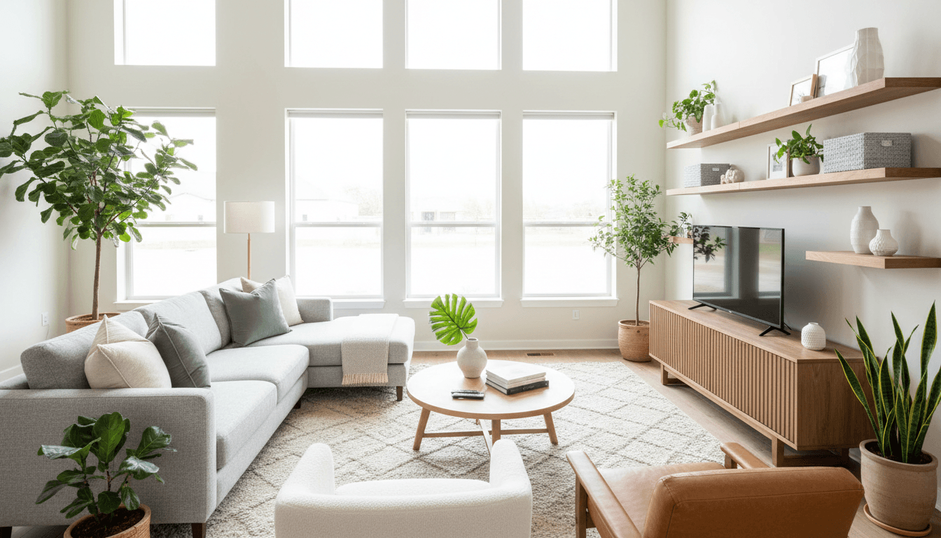 Modern living room with custom media wall installation
