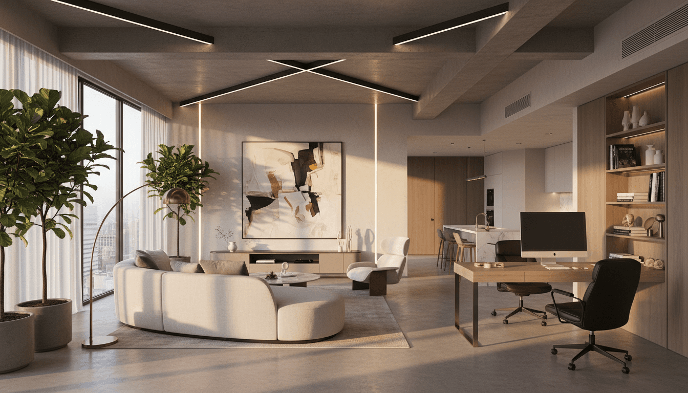 Sunlit luxury apartment living room with modern furnishings, floor-to-ceiling windows, and sophisticated contemporary design aesthetic