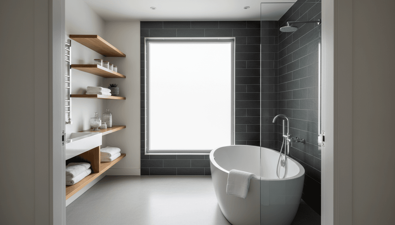 Newly renovated modern primary bathroom with soaking tub, slate tiles, and professional plumbing fixtures in natural afternoon light