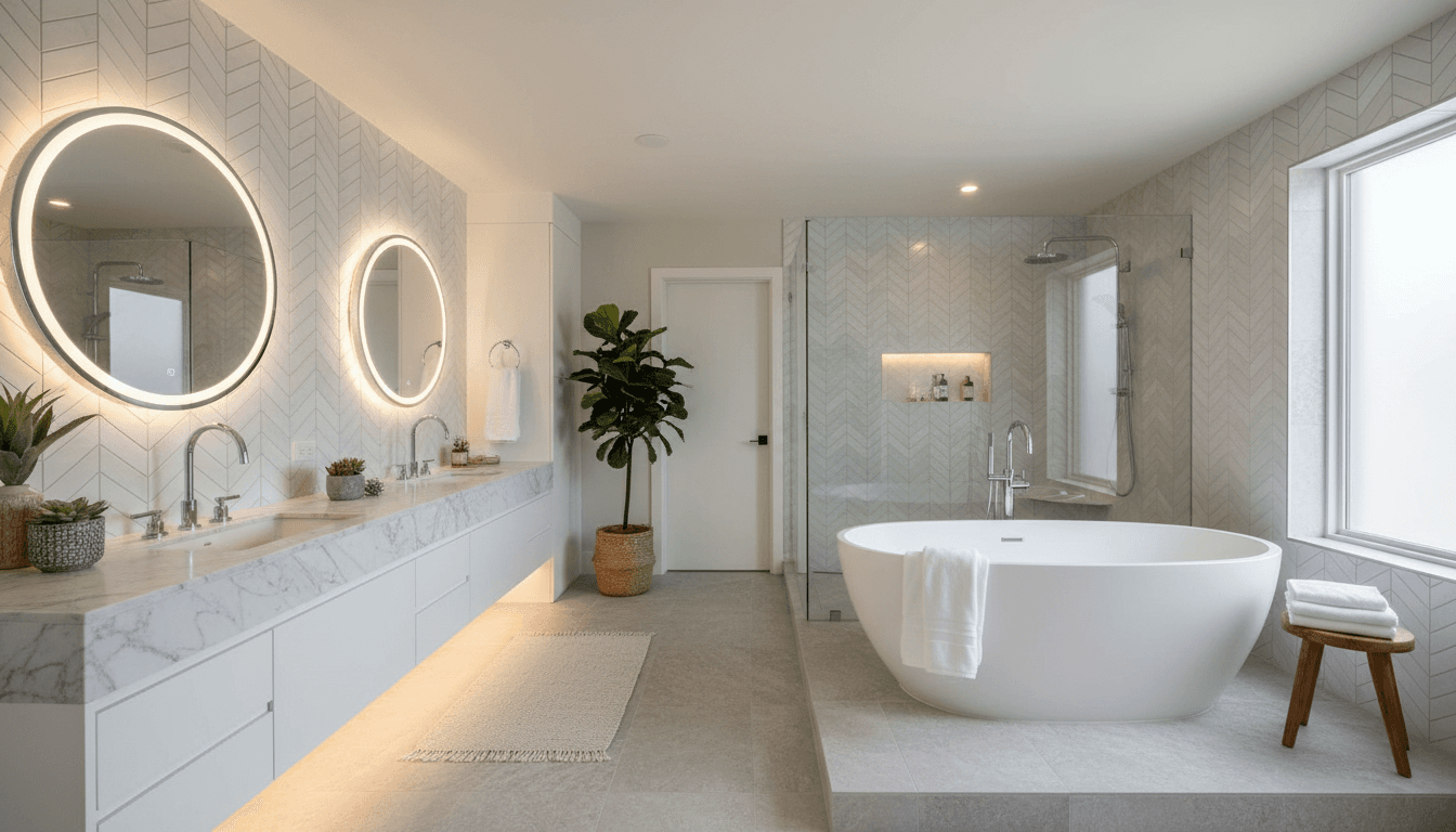 Modern luxury bathroom with marble vanity and spa-like fixtures
