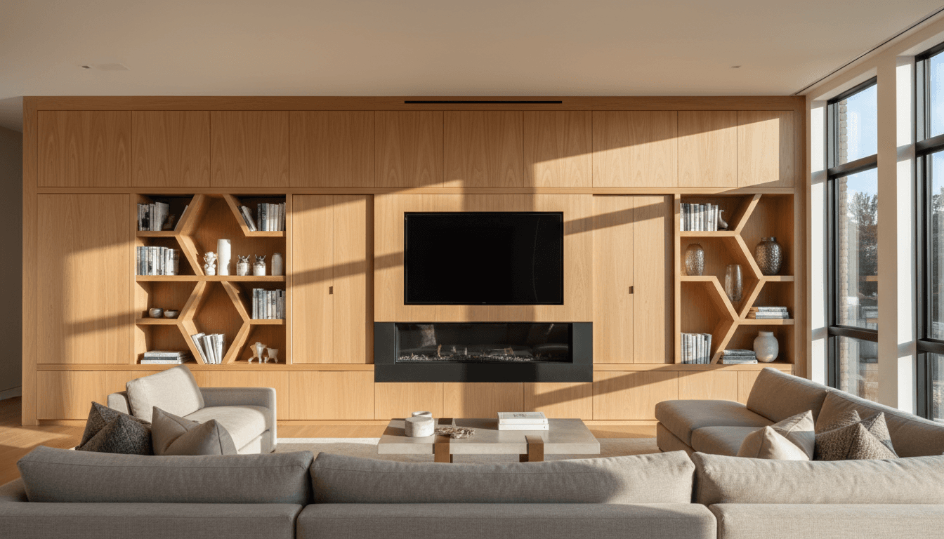Custom media wall installation with integrated shelving and modern fireplace
