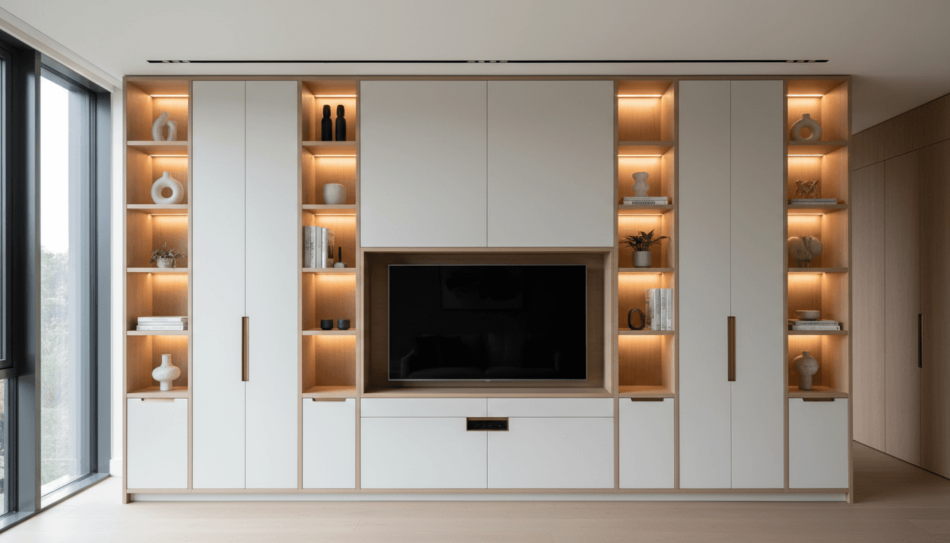 Custom media wall with integrated shelving and designer lighting