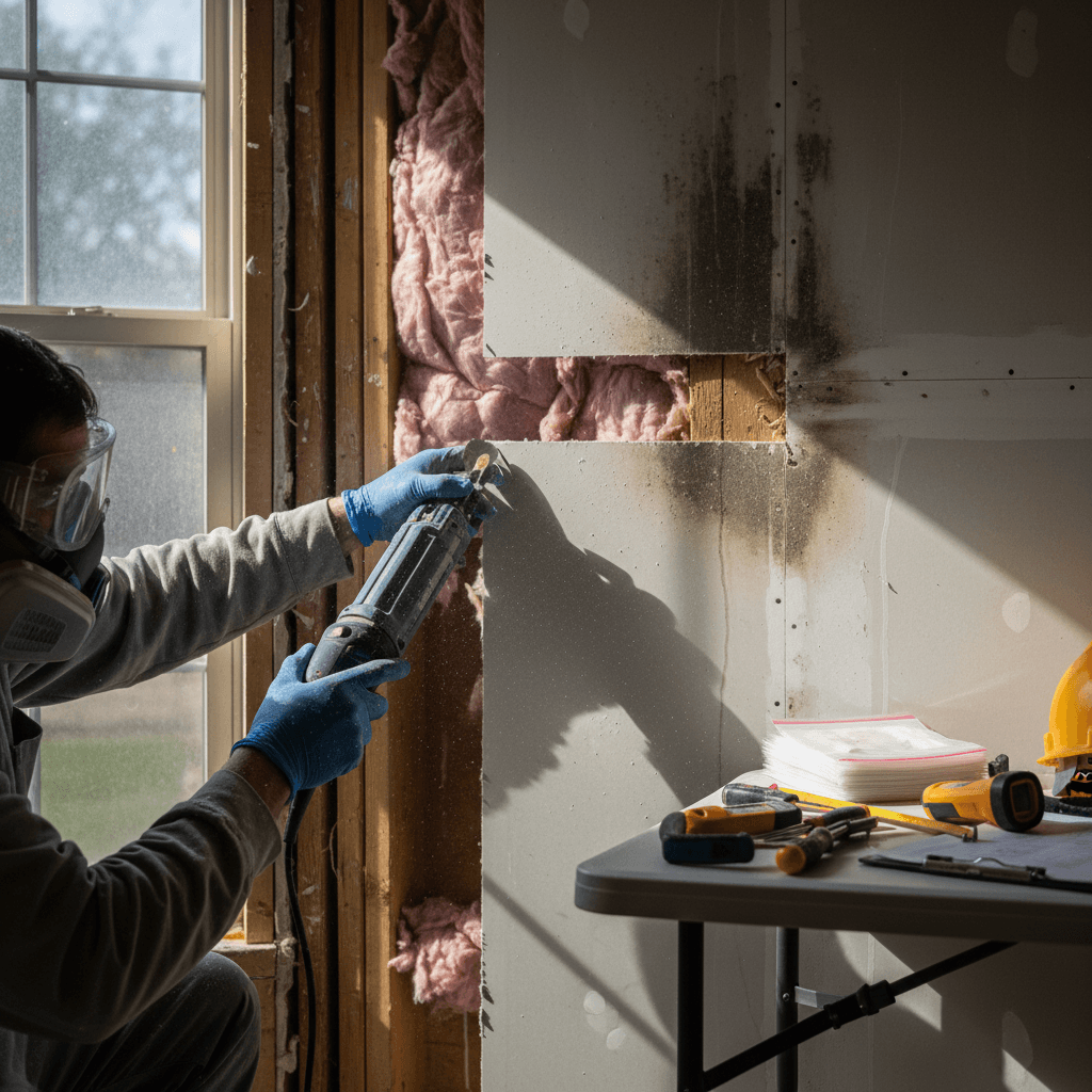 Restoration technician in protective gear extracting water-damaged drywall sample, examining structural damage with professional precision