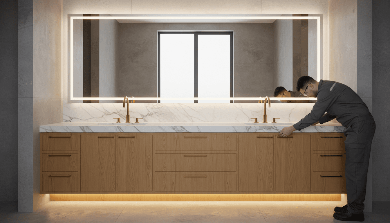 Custom bathroom vanity with marble countertop and warm lighting