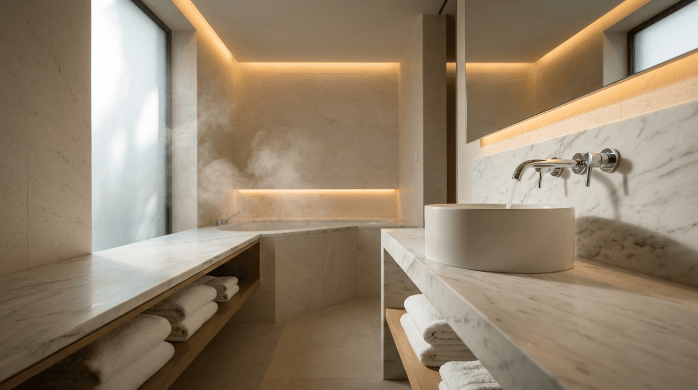 Luxurious modern bathroom with marble details and warm ambient lighting