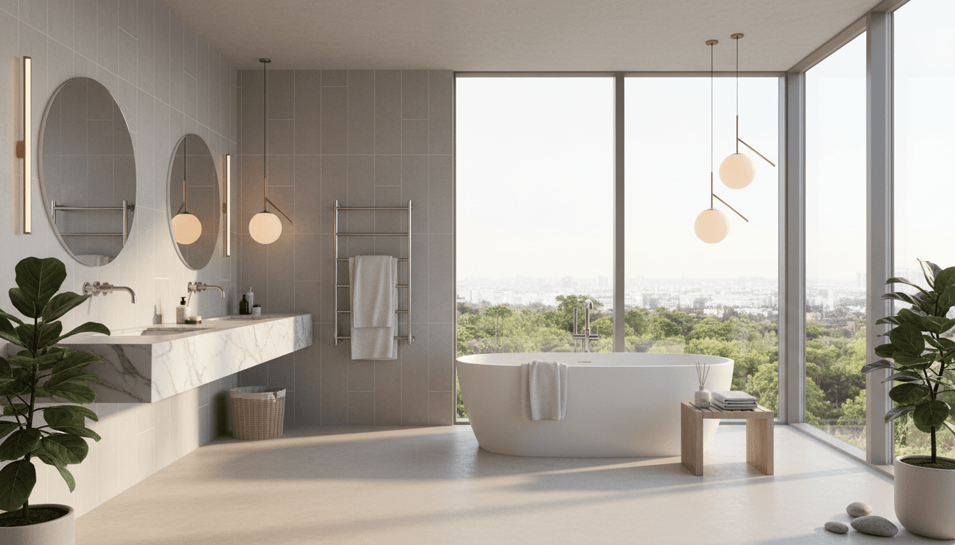 Freestanding soaking tub in marble bathroom with ambient lighting