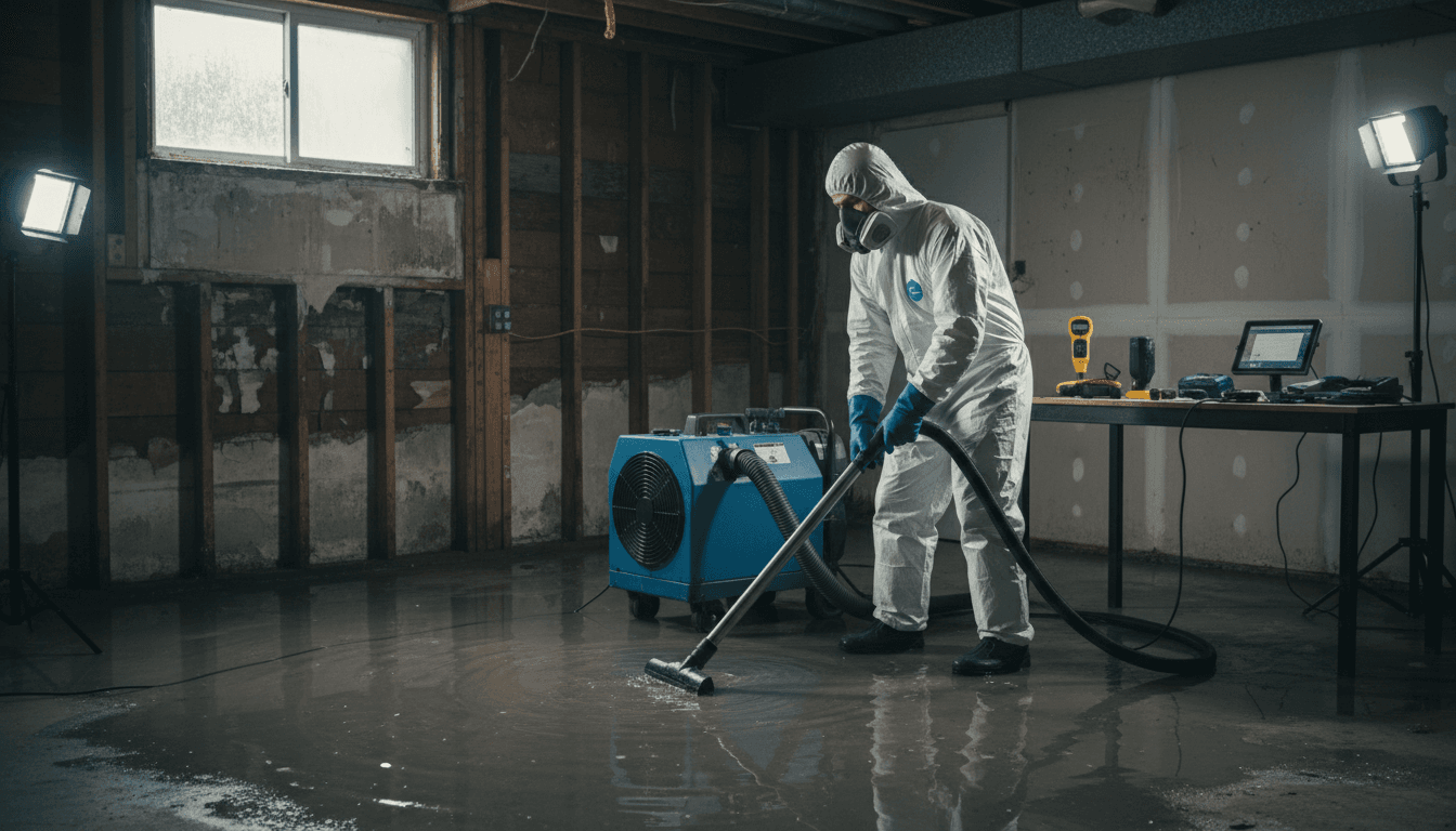 Restoration technician in protective gear operating water extraction equipment in flooded basement with damaged walls and drywall