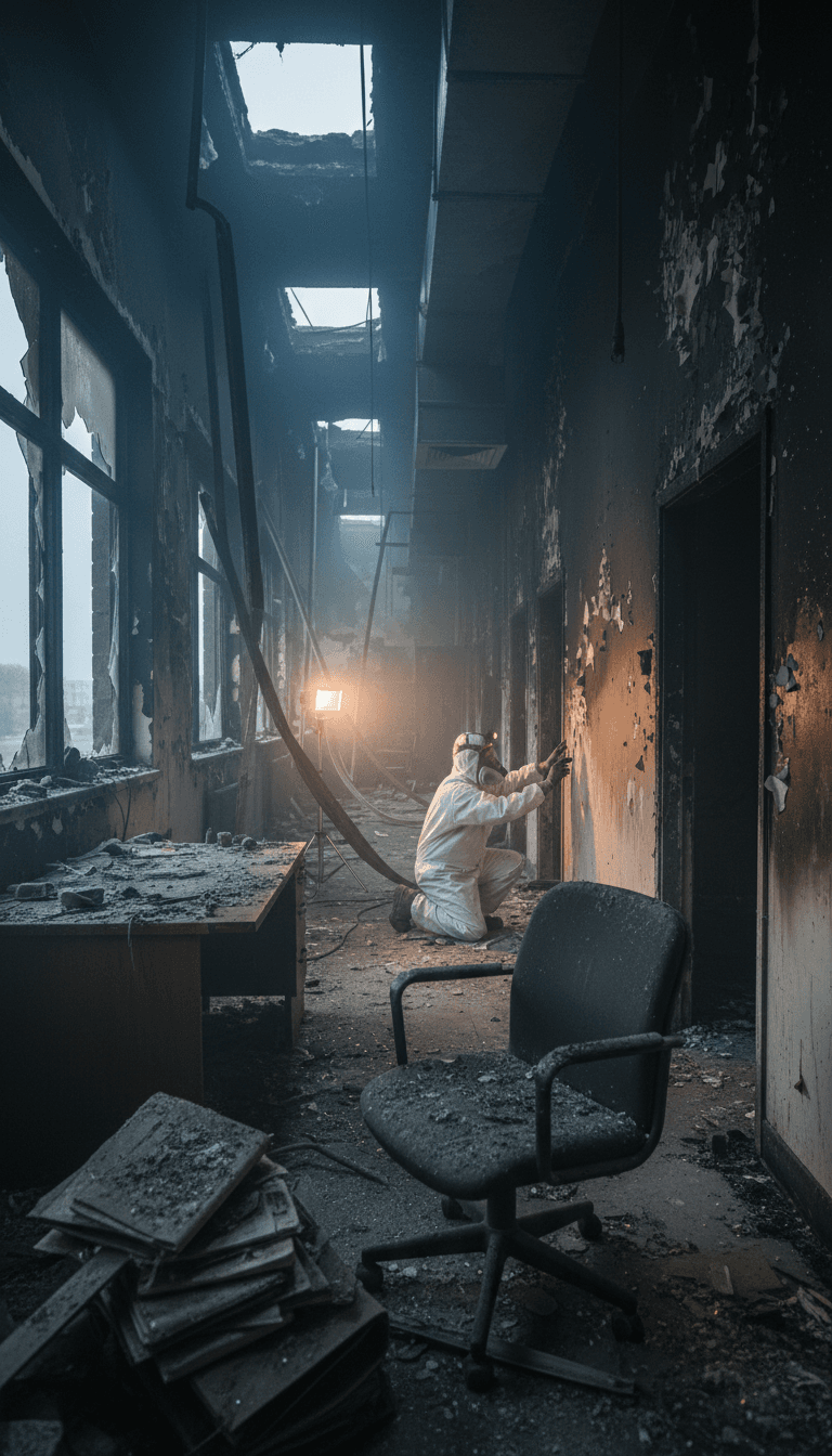 Fire damage restoration professional in full protective gear assessing charred walls and debris in damaged commercial interior space