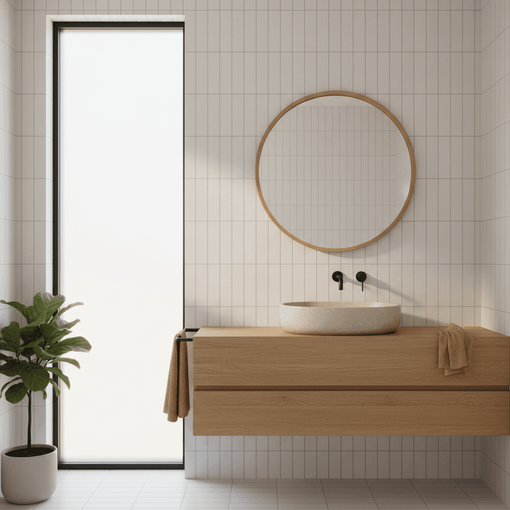 Modern minimalist bathroom with white tile walls, natural oak vanity, stone vessel sink, circular wooden mirror, and matte black fixtures