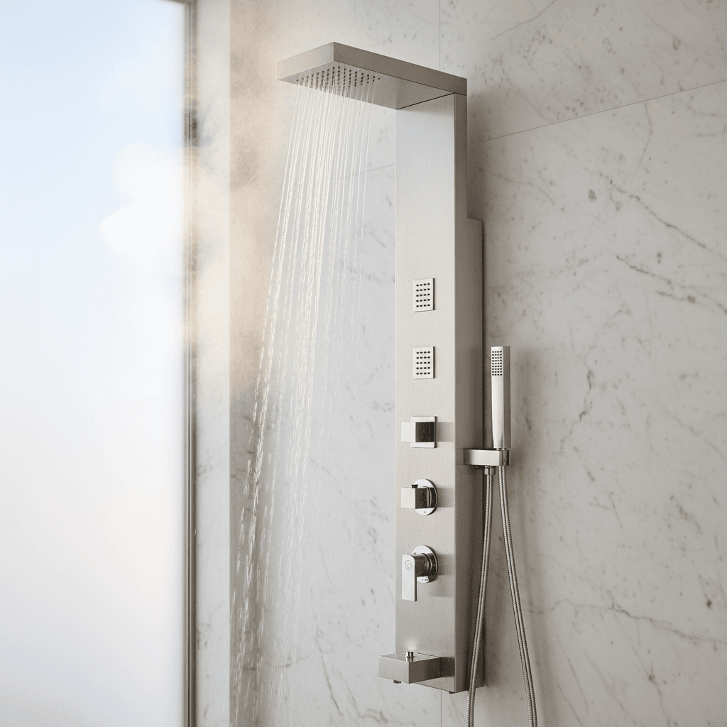 Close-up of premium stainless steel shower panel with multiple jets mounted on marble bathroom wall with steam