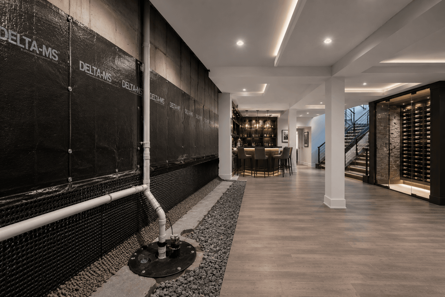 Modern finished basement with bar and wine cellar next to exposed foundation waterproofing and drainage.