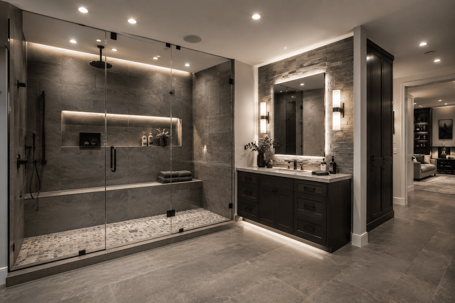 Modern bathroom featuring a large glass shower, stone walls, dark vanity, and warm recessed lighting.