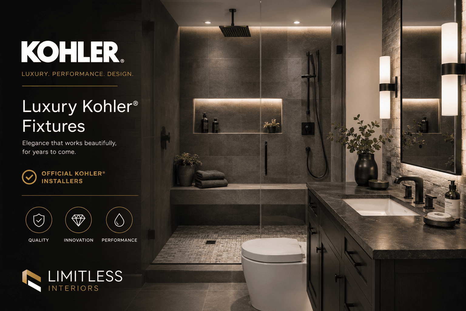 Modern dark grey bathroom featuring Kohler fixtures, a walk-in shower, and a sleek vanity.